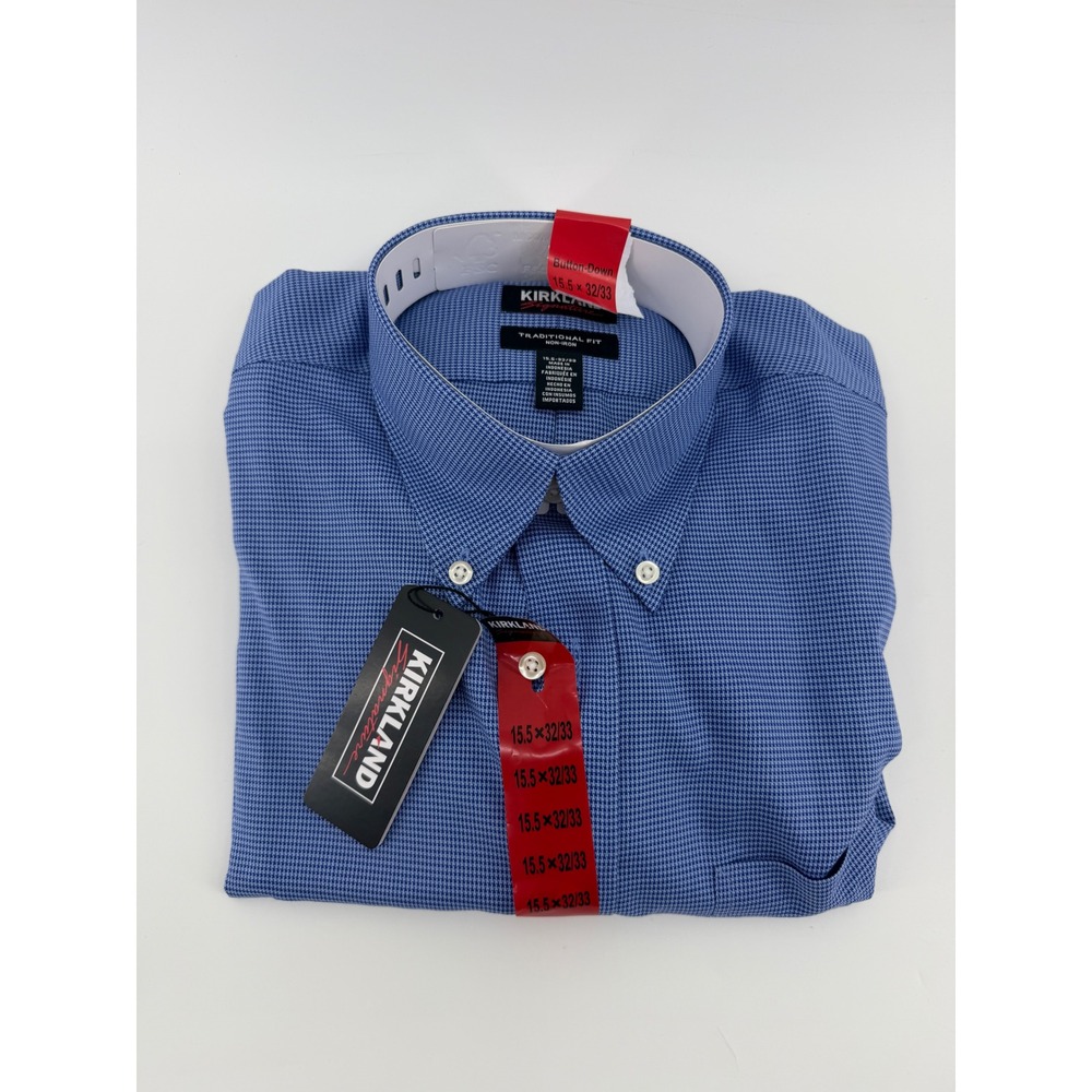 Kirkland Signature Mens Dress Shirt Blue Micro Check 15.5 32/33 Traditional Fit